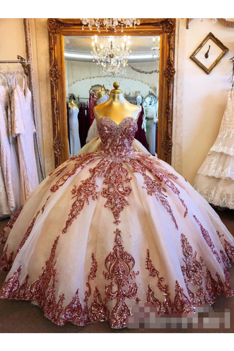 Champagne Tulle Rosewood Appliques Sweetheart Ball Gown Quinceanera Dresses/Prom Dresses JL20113 - JLDressCA Champagne Tulle Rosewood Appliques Sweetheart Ball Gown Quinceanera Dresses/Prom Dresses JL20113 - JLDressCA