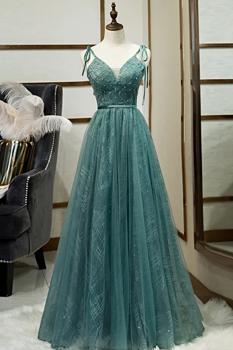 Shop Spaghetti Straps Tulle Modest A-line Evening Dress Online Shop Spaghetti Straps Tulle Modest A-line Evening Dress Online