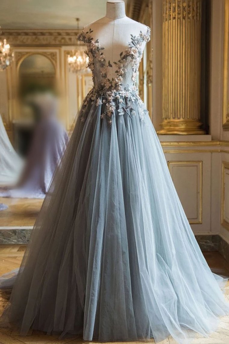 flower tulle prom dress Light Blue Floral Tulle Tiered Prom Dresses with Slit & Lace Sweethear Viniodress