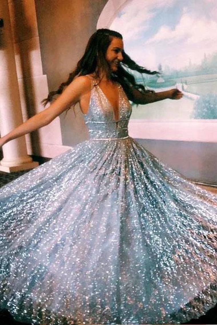 Shop Sparkly Deep V-Neck A-Line Prom Dresses - JLDressCA Shop Sparkly Deep V-Neck A-Line Prom Dresses - JLDressCA