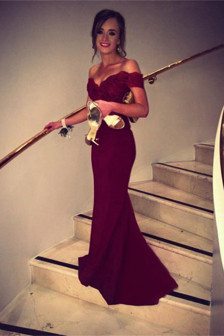 2020 Off-the-Shoulder Prom Dress in Burgundy Sweep Train | JLDressCA 2020 Off-the-Shoulder Prom Dress in Burgundy Sweep Train | JLDressCA