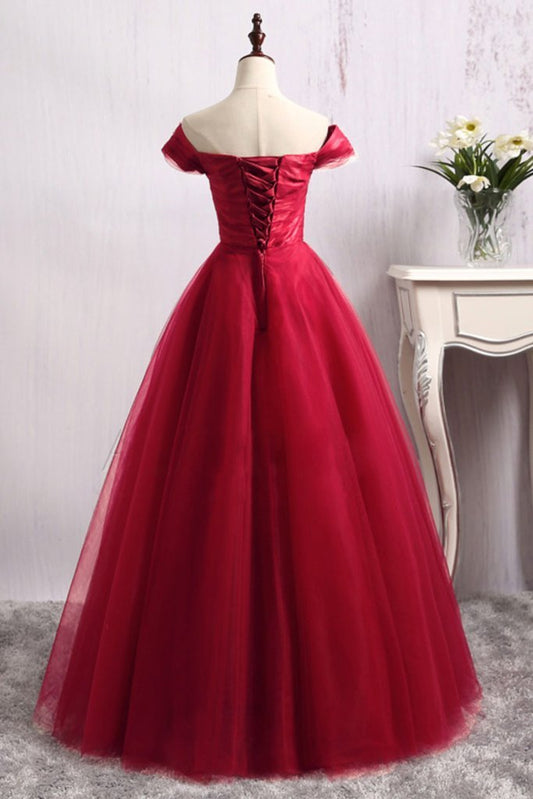 off shoulder A-line tulle lace up back long prom dress, PD5212