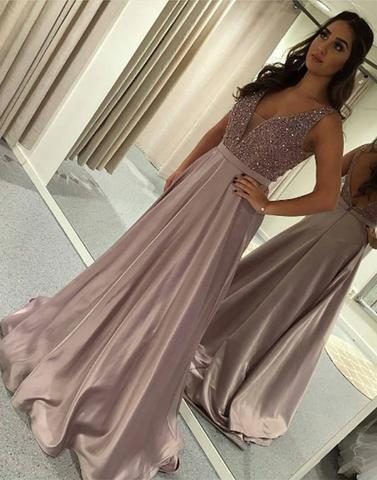 Elegant 2020 Beaded V-Neck Long Satin Prom Dresses - JLDressCA Elegant 2020 Beaded V-Neck Long Satin Prom Dresses - JLDressCA