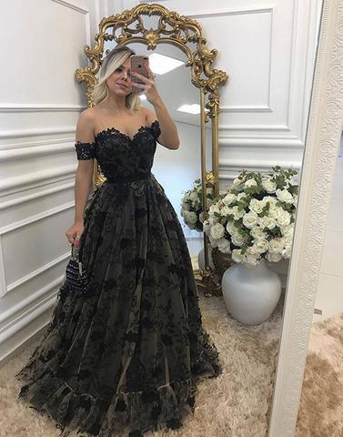 Elegant Black Lace Dress JLDressCA Romantic A-Line Black Lace Off-Shoulder Formal Long Prom Dresses (PD6847) Elegant Black Lace Dress JLDressCA Romantic A-Line Black Lace Off-Shoulder Formal Long Prom Dresses (PD6847)