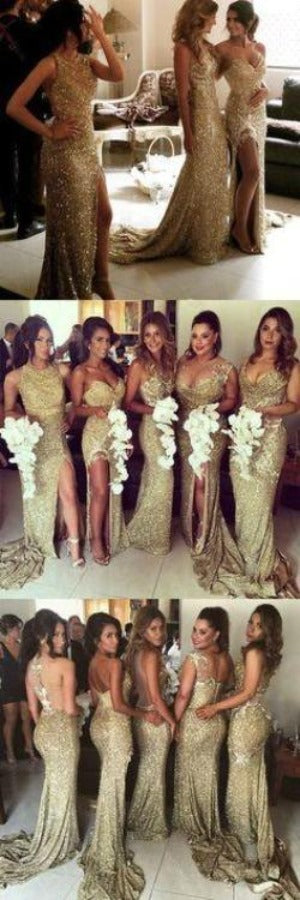 sparkle gold sequin mismatched long Bridesmaid Dresses, BD4543