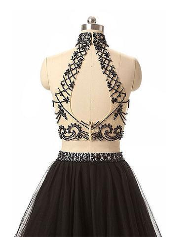 high neck beaded hi-lo black two pieces party prom dress, PD9978