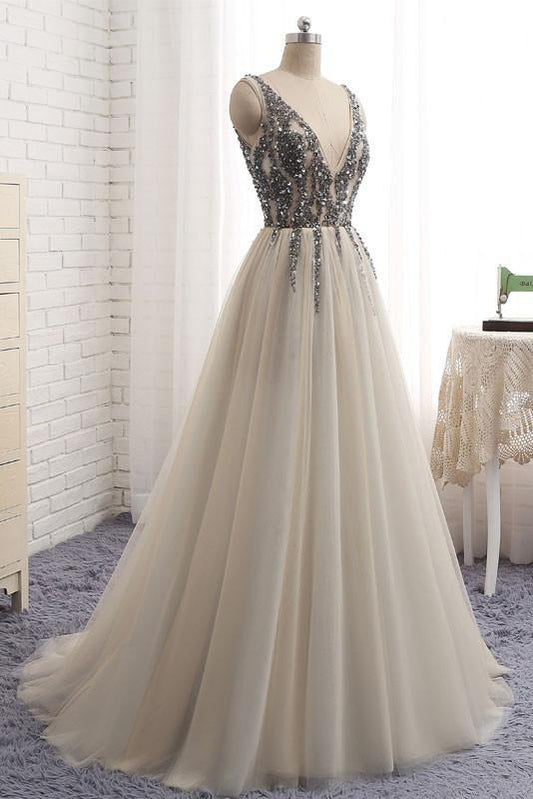 light gray tulle v-neck long tulle sequin top prom dress, PD4492
