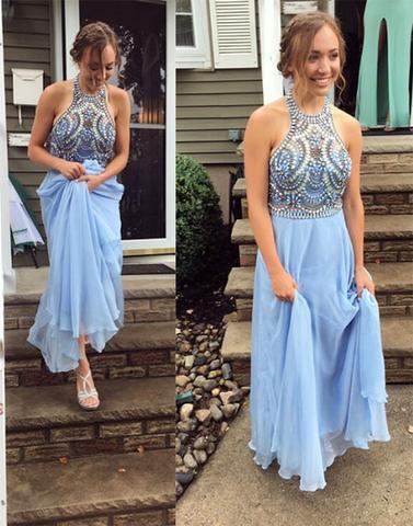 Light Blue Beaded Top Halter Chiffon Prom Dress Evening Gown - JLDressCA Light Blue Beaded Top Halter Chiffon Prom Dress Evening Gown - JLDressCA