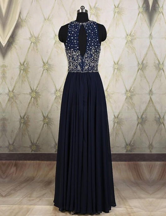 navy prom dress, long prom dress, beaded prom dress, charming prom dress, evening dress, BD140