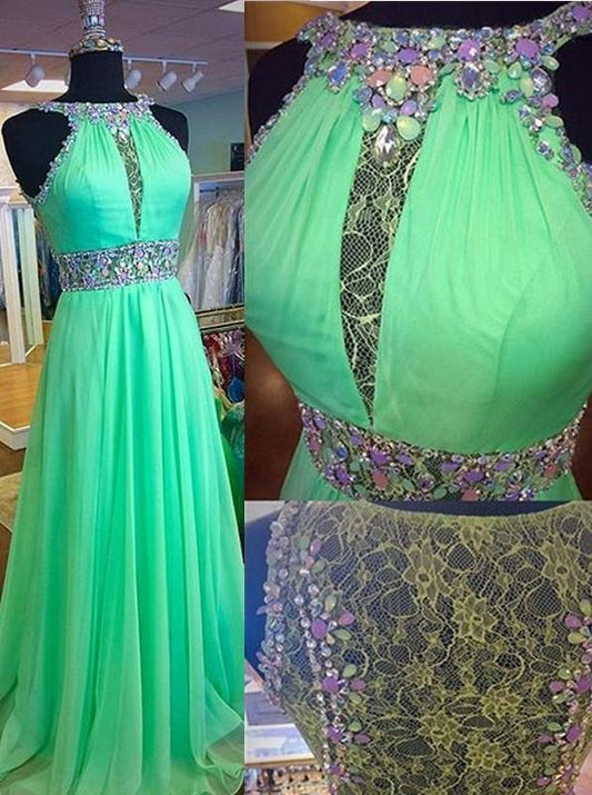 green prom dress, long prom dress, formal prom dress, chiffon prom dress, beadded evening dress, BD103
