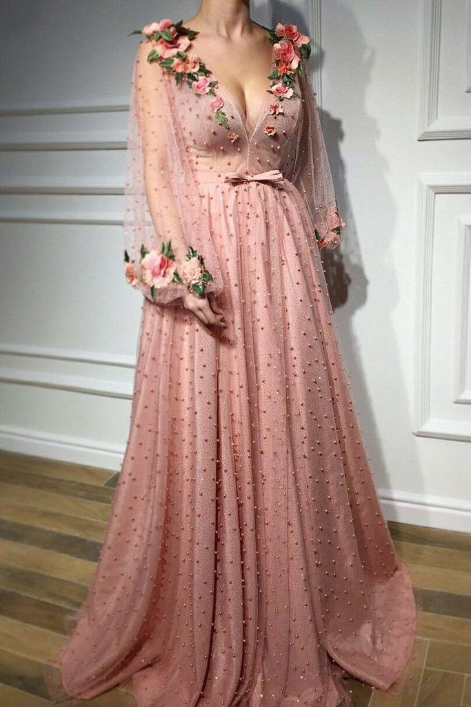 Beautiful Long Sleeves V Neck 3D Flowers Pink Prom Dress Formal Dress US6 / Pink Beautiful Long Sleeves V Neck 3D Flowers Pink Prom Dress Formal Dress US6 / Pink