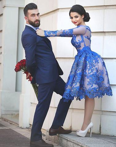 lace homecoming dress, short homecoming dress, royal blue prom dress, homecoming dress, long sleeves homecoming dress, BD39758