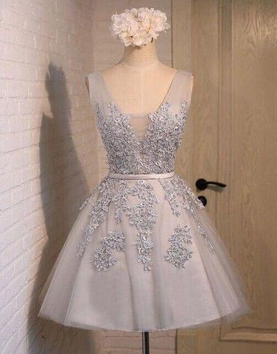 Light Gray Lace Appliques Short Homecoming Dress | JLDressCA Light Gray Lace Appliques Short Homecoming Dress | JLDressCA