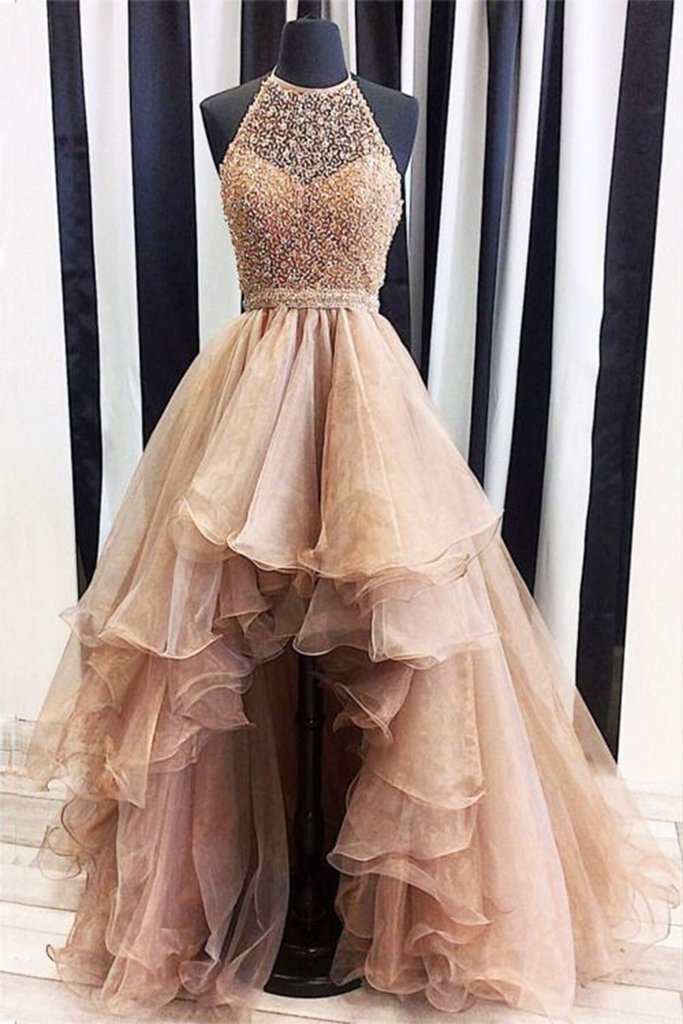 Shop New Arrive A-line Beaded Light Brown Hi-lo Prom Dress at JLDressCA Shop New Arrive A-line Beaded Light Brown Hi-lo Prom Dress at JLDressCA