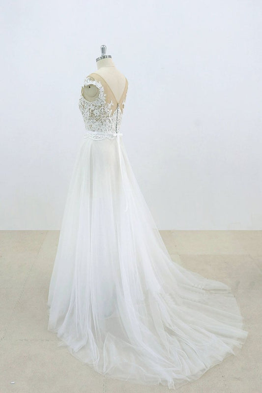 cap sleeves white tulle long wedding prom dress, PD7850