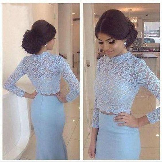 Light Blue Long Sleeve Two-Piece Prom Dress | JLDressCA Light Blue Long Sleeve Two-Piece Prom Dress | JLDressCA