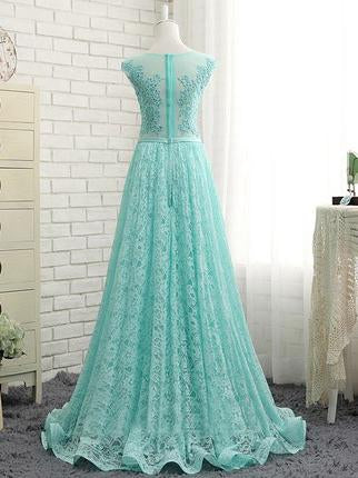 modest cap sleeves blue lace long prom dress, PD5219