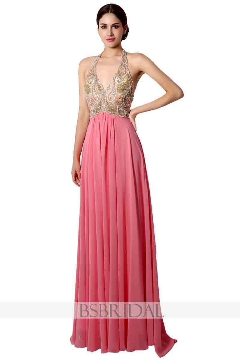 Pink Chiffon Halter Beaded Top Long Prom Dress | JLDressCA Pink Chiffon Halter Beaded Top Long Prom Dress | JLDressCA