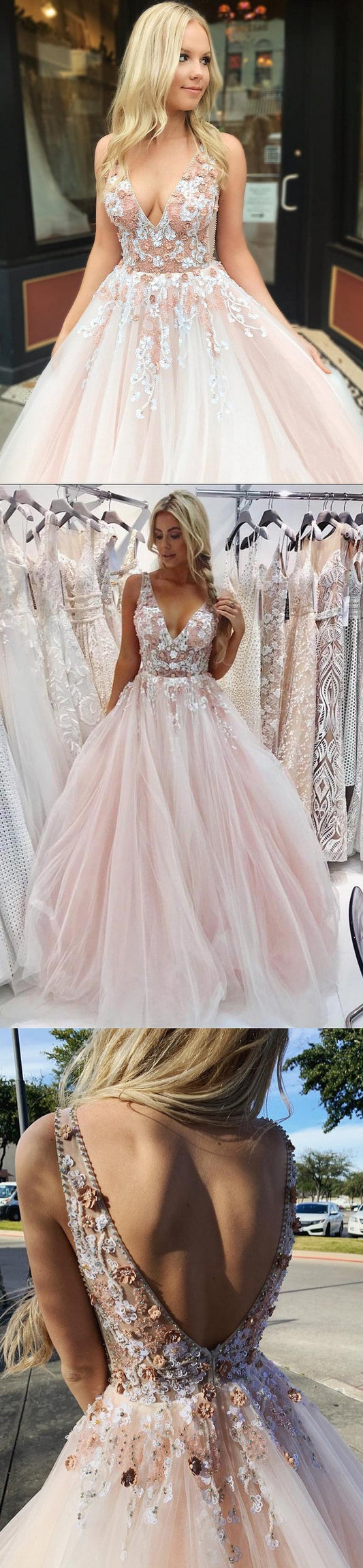 A Line Tulle V Neck Prom Dresses Beads Pink Lace Appliques Backless Evening Dresses