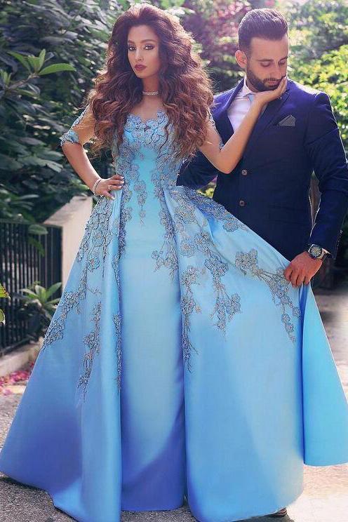 A-Line Blue Half-Sleeve Satin Prom Dress | Sweetheart Lace Appliques Formal Dress - JLDressCA A-Line Blue Half-Sleeve Satin Prom Dress | Sweetheart Lace Appliques Formal Dress - JLDressCA
