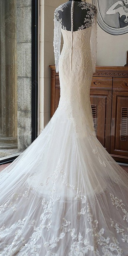 modest scoop long sleeves mermaid tulle beaded long train wedding dresses, WD107