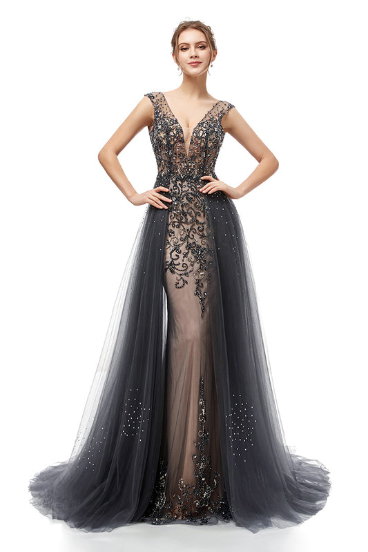 Sequin Beaded V Neck Prom Dresses Long Mermaid Evening Ball Gown Whit Train Dark Grey,LX5406