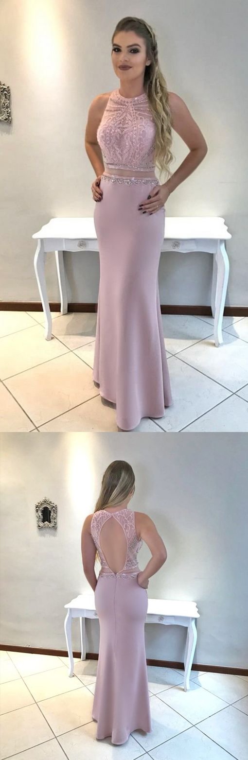 Dusty Pink Beaded Long Prom Dresses Mermaid Evening Dresses Backless Formal Dresses