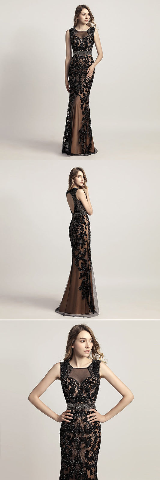 Elegant Applique Beaded Long Prom Dresses Mermaid Evening Dresses Sleeveless Black Formal Dresses