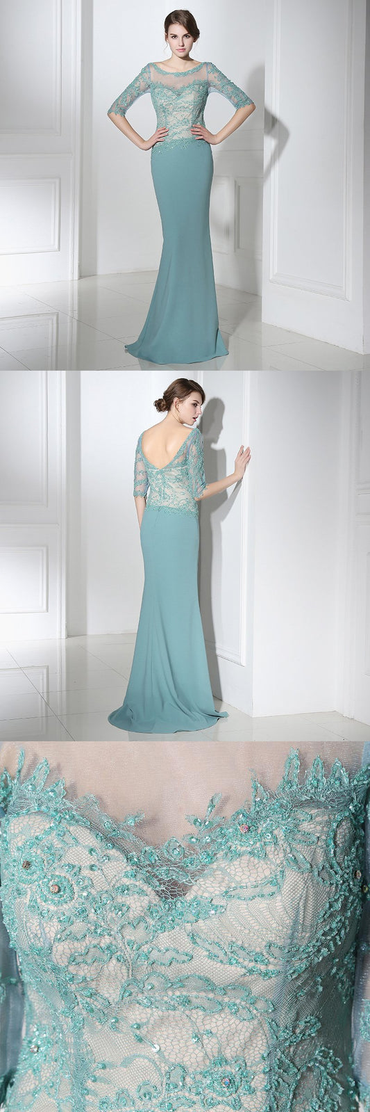 Elegant Applique Long Prom Dresses Mermaid Evening Dresses Half Sleeve Beaded Formal Dresses