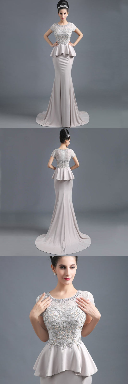 Elegant Beaded Long Prom Dresses Mermaid Evening Dresses Short Sleeve Formal Dresses