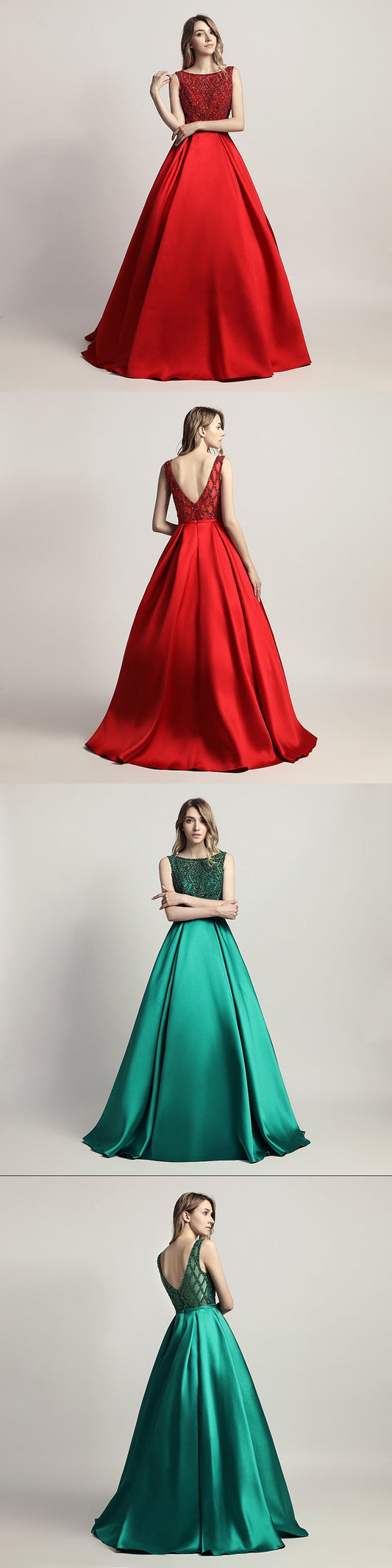 Elegant Beaded Long Prom Dresses Satin A-Line Evening Dresses V-Back Formal Dresses