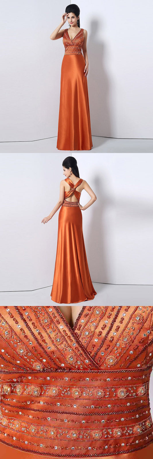 Elegant Beaded Long Prom Dresses V-Neck Evening Dresses Cross Back A-Line Formal Dresses