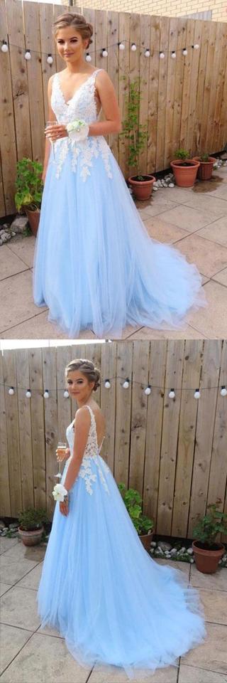 Elegant Blue Chiffon A line V Neck V Back Tulle Lace Long Prom Dresses, Evening Dress