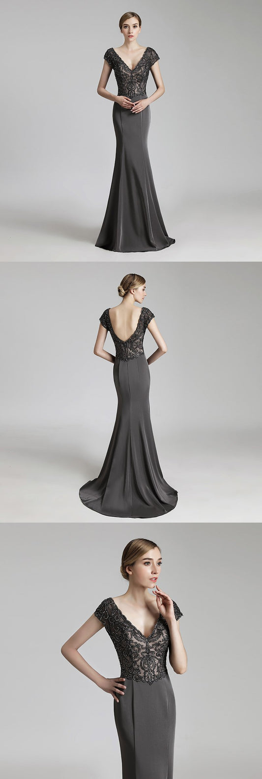 Elegant Deep V-Neck Long Prom Dresses Applique Beaded Evening Dresses V-Back Mermaid Satin Formal Dresses
