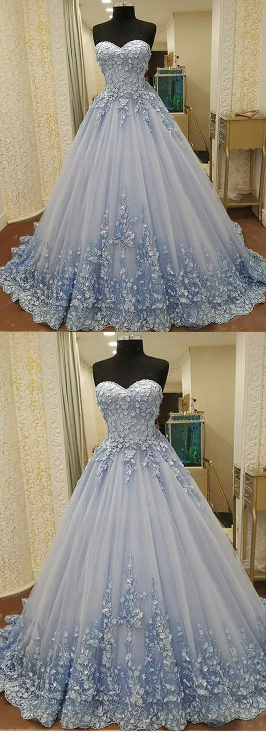Floral Applique Long Prom Dresses Blue Tulle A-Line Evening Dresses Sweetheart Formal Dresses.