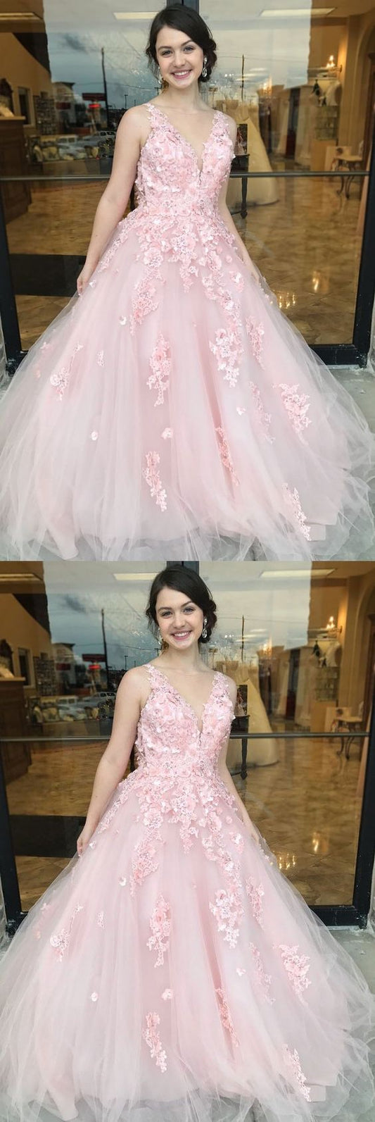 Floral Applique Long Prom Dresses V-Neck Evening Dresses Tulle A-Line Formal Dresses