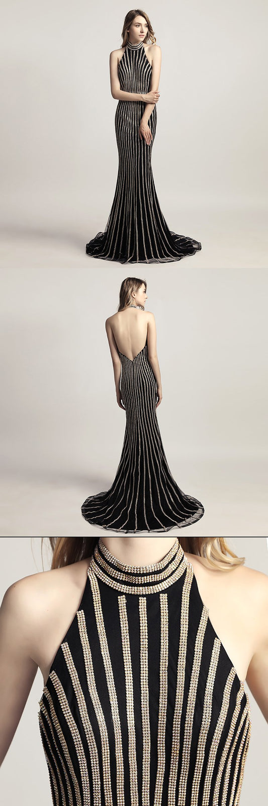 Gold Beaded Long Prom Dresses Mermaid Halter Evening Dresses Backless Formal Dresses