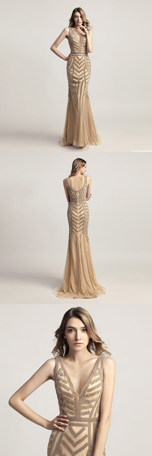 Gold Beaded Long Prom Dresses V-Neck Evening Dresses Mermaid Formal Dresses