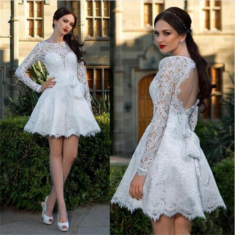 Stunning Open Back Long Sleeves White Lace Short A-Line Homecoming Dress - JLDressCA Stunning Open Back Long Sleeves White Lace Short A-Line Homecoming Dress - JLDressCA