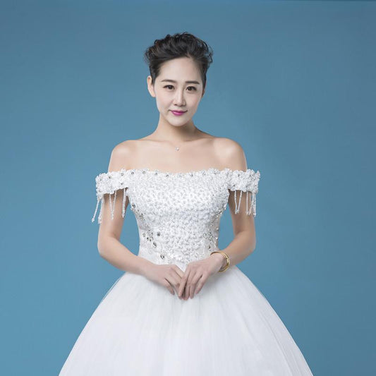 Off shoulder floor-length beaded A-line wedding dress, wedding dress, WD77