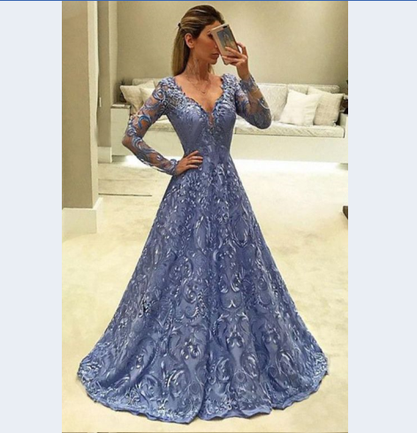 Modest V-Neck Purple Lace Long Sleeves Prom Dress | JLDressCA Modest V-Neck Purple Lace Long Sleeves Prom Dress | JLDressCA