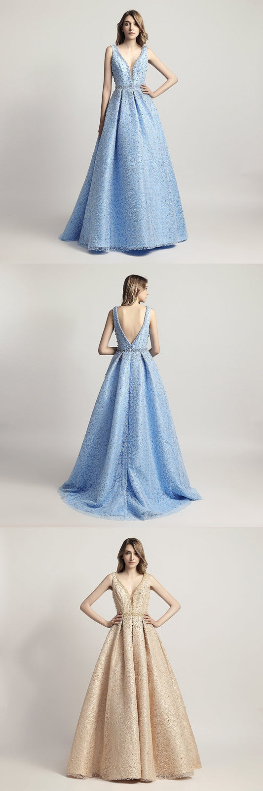 Luxurious Beaded Pearls Long Prom Dresses V-Neck Evening Dresses V-Back Ball Gowns Formal Dresses