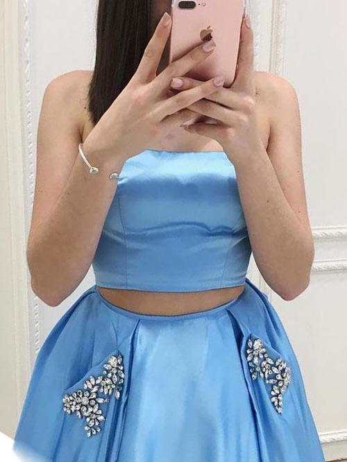 strapless two pieces blue satin A-line long prom dress, PD41512
