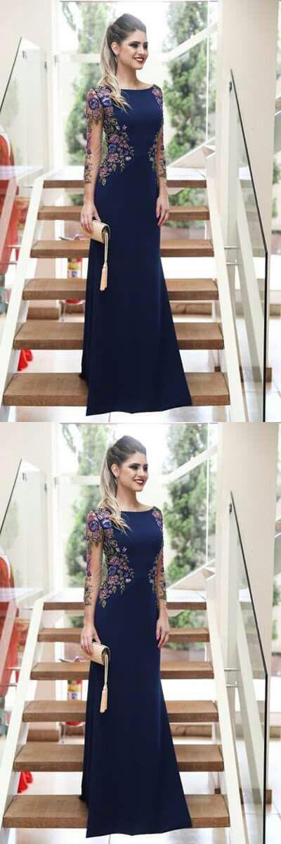 Mermaid Long Sleeves Navy Blue Scoop Prom Dresses Long Formal Dresses