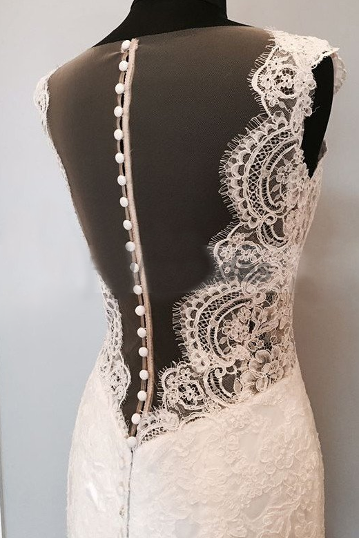 cap sleeves white lace long wedding dress, WD110