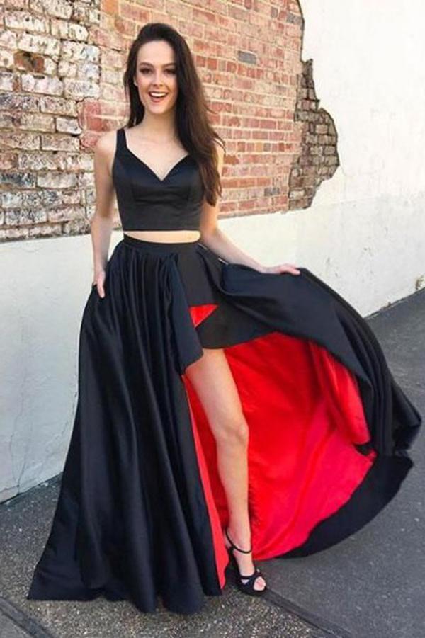 Black Red A-Line Two Piece Satin Prom Dress - JLDressCA Black Red A-Line Two Piece Satin Prom Dress - JLDressCA