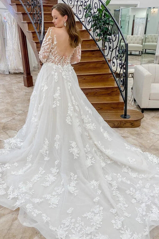 A-Line Tulle Wedding Dress with Long Sleeves and Lace Appliques, WD23022340