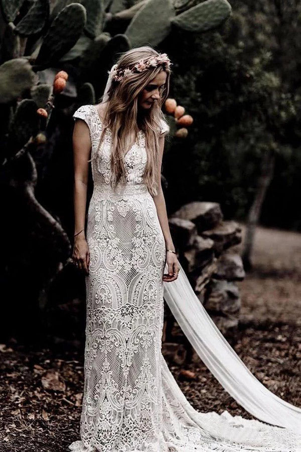 Vintage Lace Sheath Boho Wedding Dress with Cap Sleeves and Rustic Style | JLDressCA Vintage Lace Sheath Boho Wedding Dress with Cap Sleeves and Rustic Style | JLDressCA