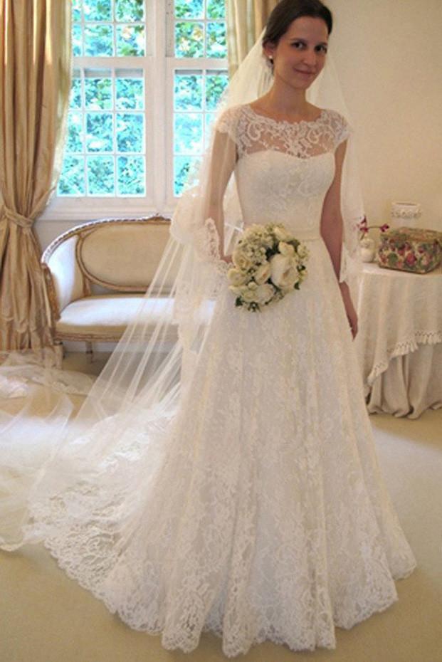 Elegant Cap Sleeve A-Line Lace Wedding Dress - JLDressCA Elegant Cap Sleeve A-Line Lace Wedding Dress - JLDressCA