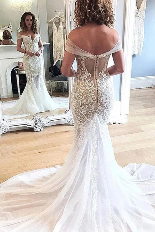 Vintage Off-The-Shoulder Mermaid Wedding Dress with Lace Applique - JLDressCA US18W / Custom Color Vintage Off-The-Shoulder Mermaid Wedding Dress with Lace Applique - JLDressCA US18W / Custom Color